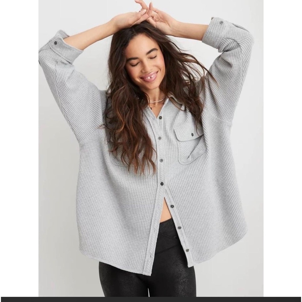 Aerie LumberJane Waffle Shirt S Gray Oversized Button Down Shacket Casual Cozy